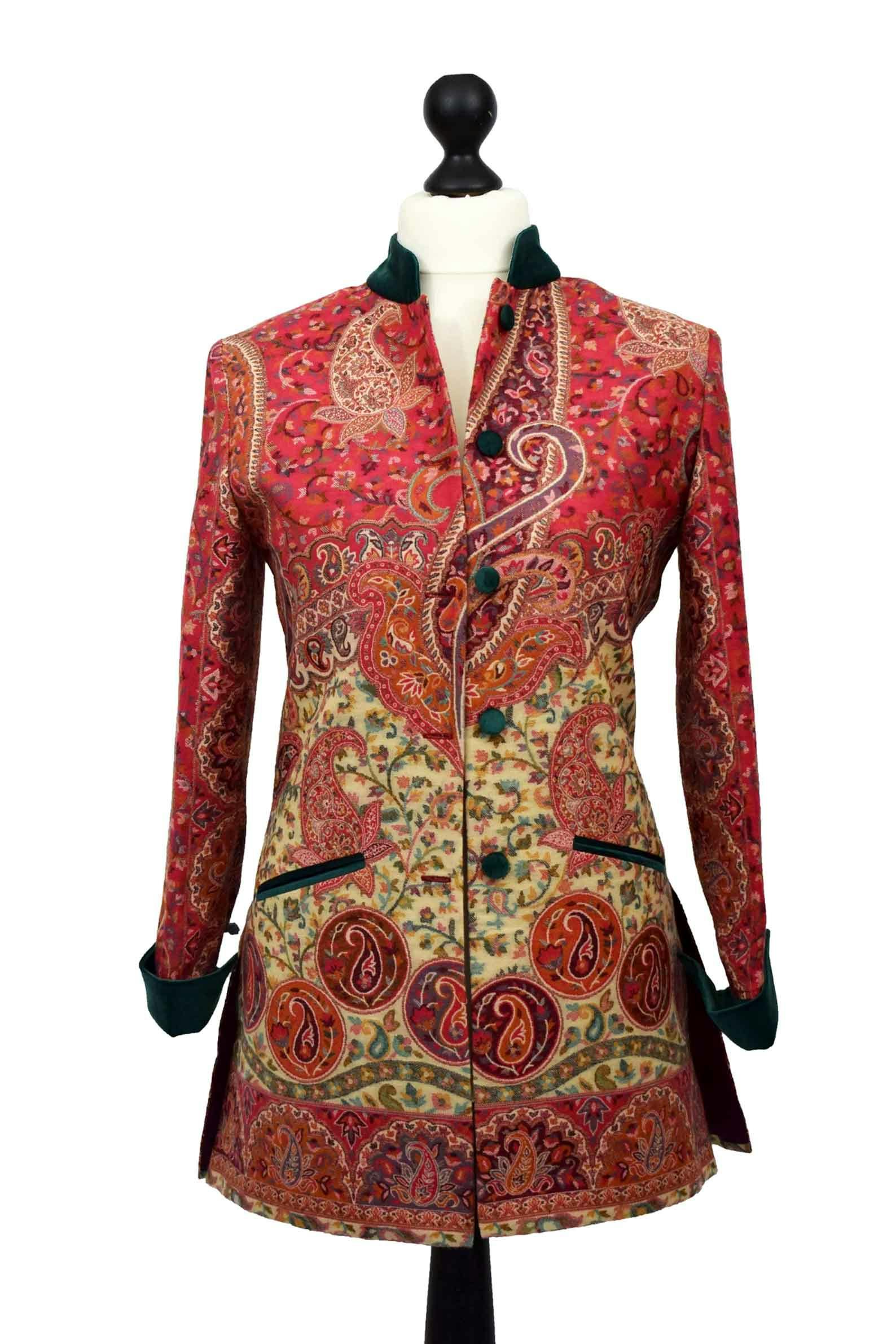 Merino wool red jacket with floral detailing